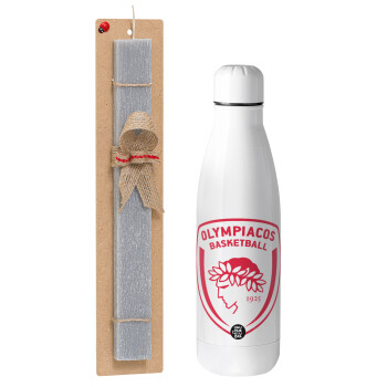 Olympiacos B.C., Easter Set, metallic Inox water bottle (700ml) & Easter scented flat candle (30cm) (GRAY)