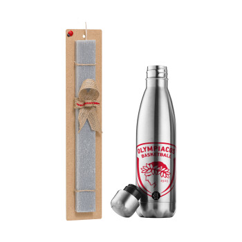 Olympiacos B.C., Easter Set, metallic stainless thermos flask (500ml) & scented flat Easter candle (30cm) (GRAY)