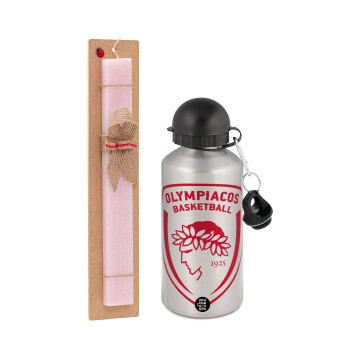 Olympiacos B.C., Easter Set, metallic Silver aluminum water bottle (500ml) & scented flat Easter candle (30cm) (PINK)