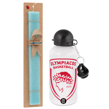 Olympiacos B.C., Easter Set, metallic aluminum water bottle (500ml) & scented flat candle (30cm) (TURQUOISE)