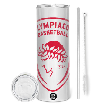 Olympiacos B.C., Tumbler stainless steel 600ml, with metal straw & cleaning brush