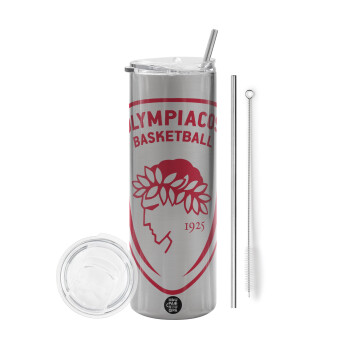Olympiacos B.C., Eco friendly stainless steel Silver tumbler 600ml, with metal straw & cleaning brush
