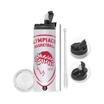 Olympiacos B.C., Travel Tumbler 2 Lids, with metal straw & cleaning brush (Stainless steel 304 Food grade, BPA free, 600ml)