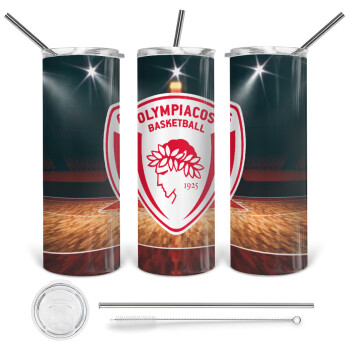 Olympiacos B.C., 360 Eco friendly ποτήρι θερμό (tumbler) από ανοξείδωτο ατσάλι 600ml, με μεταλλικό καλαμάκι & βούρτσα καθαρισμού