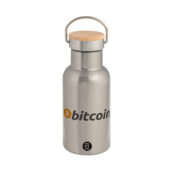 Bitcoin Crypto, Μεταλλικό παγούρι θερμός (Stainless steel) Ασημένιο με ξύλινο καπακι (bamboo), διπλού τοιχώματος, 350ml