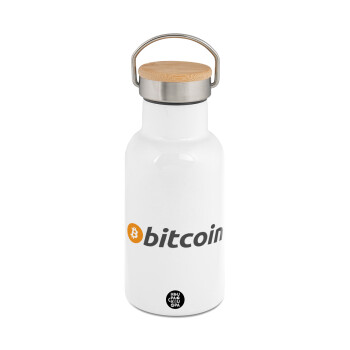 Bitcoin Crypto, Metallic thermos (Stainless steel) White with wooden lid (bamboo), double-walled, 350ml