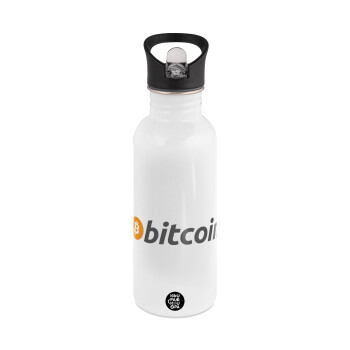 Bitcoin Crypto, White water bottle with straw, stainless steel 600ml