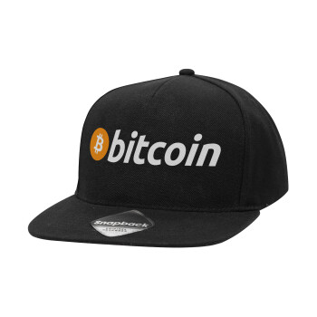 Bitcoin Crypto, Adult Flat Snapback Hat Black, (100% COTTON TWILL, ADULT, UNISEX, ONE SIZE)