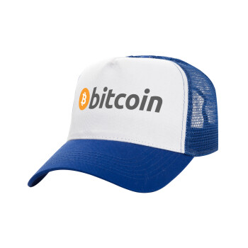 Bitcoin Crypto, Adult Structured Trucker Hat, with Mesh, WHITE/BLUE (100% COTTON, ADULT, UNISEX, ONE SIZE)