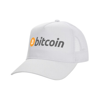 Bitcoin Crypto, Structured Trucker Adult Hat, with Mesh, WHITE (100% COTTON, ADULT, UNISEX, ONE SIZE)