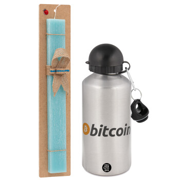 Bitcoin Crypto, Easter Set, metallic silver aluminum water bottle (500ml) & scented flat Easter candle (30cm) (TURQUOISE)