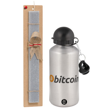 Bitcoin Crypto, Easter Set, metallic silver aluminum water bottle (500ml) & aromatic flat Easter candle (30cm) (GRAY)