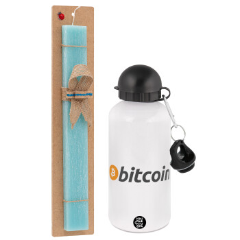 Bitcoin Crypto, Easter Set, metallic aluminum water bottle (500ml) & scented flat candle (30cm) (TURQUOISE)