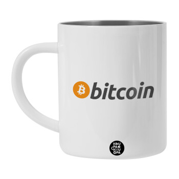 Bitcoin Crypto, Λευκή Ανοξείδωτη Μεταλλική Κούπα 450ml - Διπλού Τοιχώματος 