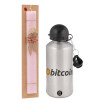 Easter Set, metallic Silver aluminum water bottle (500ml) & scented flat Easter candle (30cm) (PINK)