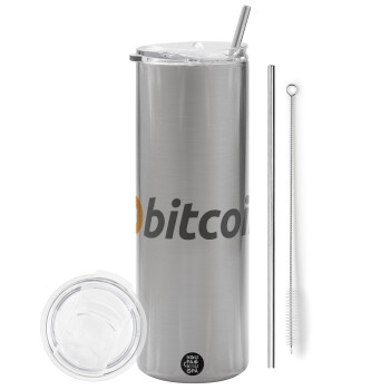 Bitcoin Crypto, Eco friendly ποτήρι θερμό Ασημένιο (tumbler) από ανοξείδωτο ατσάλι 600ml, με μεταλλικό καλαμάκι & βούρτσα καθαρισμού