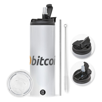 Bitcoin Crypto, Travel Tumbler θερμό με διπλό καπάκι, μεταλλικό καλαμάκι και βούρτσα καθαρισμού (Ανωξείδωτο 304 Food grade, BPA free, 600ml)