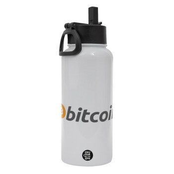 Bitcoin Crypto, Metal mug thermo White with Straw and Spout Lid (Stainless steel), double wall, 950ml