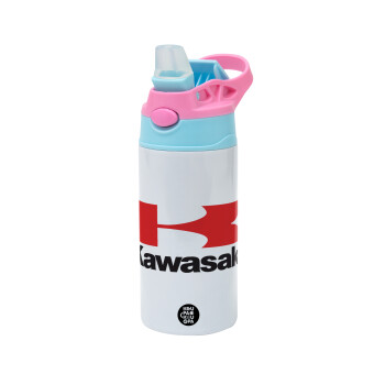 Kawasaki, Children's hot water bottle, stainless steel, with safety straw, Pink/BlueCiel (360ml) BPA FREE