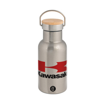 Kawasaki, Stainless steel metallic thermos flask, silver with a bamboo lid, double-walled, 350ml.