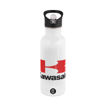 Kawasaki, White water bottle with straw, stainless steel 600ml