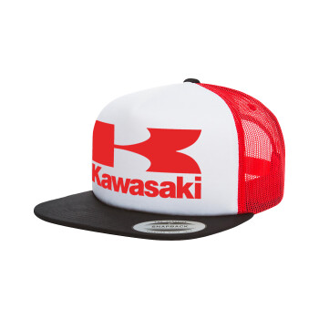 Kawasaki, Adult Foam Flat Snapback with Mesh Black-White-Red (POLYESTER, ADULT, UNISEX, ONE SIZE)