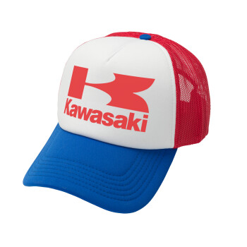 Kawasaki, Adult Soft Trucker Hat with Red/Blue/White Mesh (POLYESTER, ADULT, UNISEX, ONE SIZE)