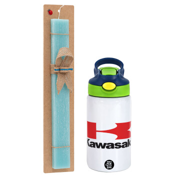 Kawasaki, Easter Set, Children's thermal stainless steel bottle with safety straw, green/blue (350ml) & aromatic flat Easter candle (30cm) (TURQUOISE)