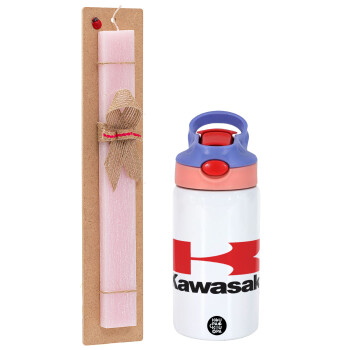 Kawasaki, Easter Set, Children's thermal stainless steel water bottle with safety straw, pink/purple (350ml) & Easter scented flat candle (30cm) (PINK)