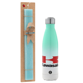 Kawasaki, Easter Set, Metallic green/white thermos (Stainless steel), double-walled, 500ml & scented flat Easter candle (30cm) (TURQUOISE)