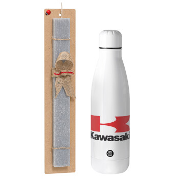 Kawasaki, Easter Set, metallic stainless thermos bottle (500ml) & scented flat Easter candle (30cm) (GRAY)