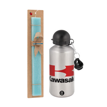 Kawasaki, Easter Set, metallic silver aluminum water bottle (500ml) & scented flat Easter candle (30cm) (TURQUOISE)