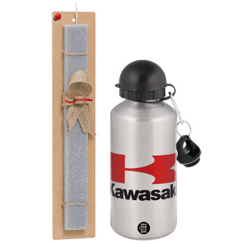 Kawasaki, Easter Set, metallic silver aluminum water bottle (500ml) & aromatic flat Easter candle (30cm) (GRAY)