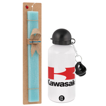 Kawasaki, Easter Set, metallic aluminum water bottle (500ml) & scented flat candle (30cm) (TURQUOISE)