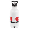 White water bottle with straw, stainless steel 600ml