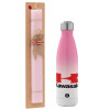 Easter Set, Metallic pink/white (Stainless steel) thermos, double-walled, 500ml & aromatic flat Easter candle (30cm) (PINK)