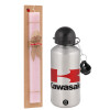 Easter Set, metallic Silver aluminum water bottle (500ml) & scented flat Easter candle (30cm) (PINK)