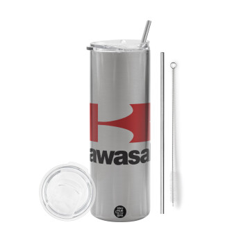 Kawasaki, Eco friendly ποτήρι θερμό Ασημένιο (tumbler) από ανοξείδωτο ατσάλι 600ml, με μεταλλικό καλαμάκι & βούρτσα καθαρισμού