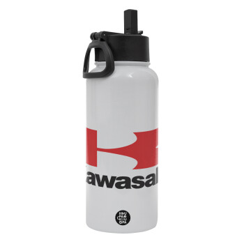 Kawasaki, Metal mug thermo White with Straw and Spout Lid (Stainless steel), double wall, 950ml