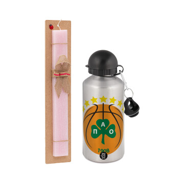 PAO BC, Easter Set, metallic Silver aluminum water bottle (500ml) & scented flat Easter candle (30cm) (PINK)