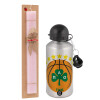 Easter Set, metallic Silver aluminum water bottle (500ml) & scented flat Easter candle (30cm) (PINK)