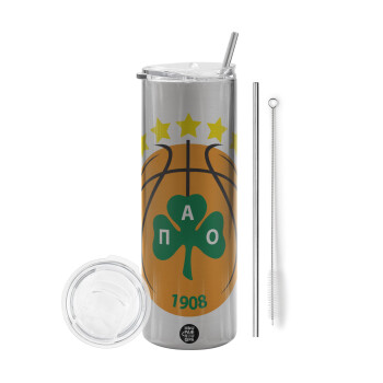 ΠΑΟ BC, Eco friendly ποτήρι θερμό Ασημένιο (tumbler) από ανοξείδωτο ατσάλι 600ml, με μεταλλικό καλαμάκι & βούρτσα καθαρισμού