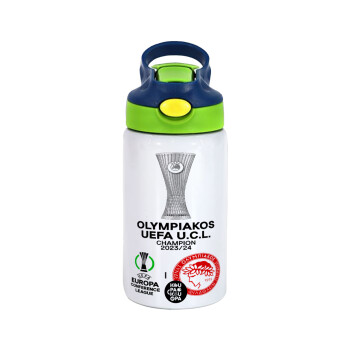 Olympiacos UEFA Europa Conference League Champion 2023/24, Children's hot water bottle, stainless steel, with safety straw, green, blue (350ml)