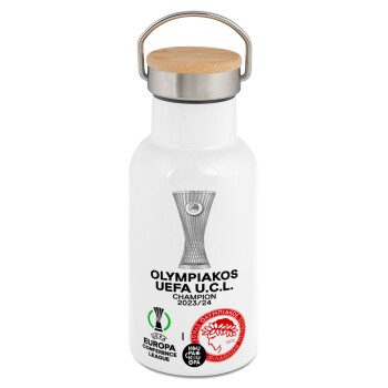 Olympiacos UEFA Europa Conference League Champion 2023/24, Metallic thermos (Stainless steel) White with wooden lid (bamboo), double-walled, 350ml