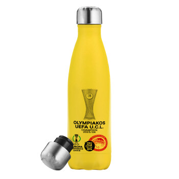 Olympiacos UEFA Europa Conference League Champion 2023/24, Yellow Stainless Steel Metallic Thermos, double-walled, 500ml