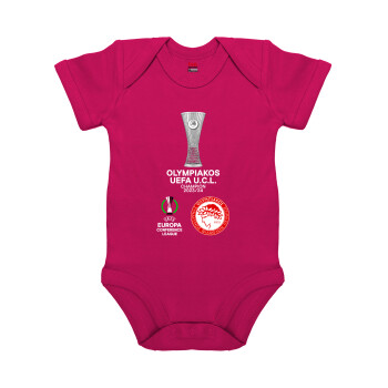 Olympiacos UEFA Europa Conference League Champion 2023/24, Βρεφικό φορμάκι μωρού, 0-18 μηνών, ΡΟΖ, 100% Organic Cotton, κοντομάνικο