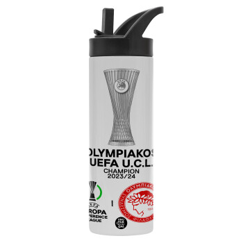 Olympiacos UEFA Europa Conference League Champion 2023/24, Μεταλλικό παγούρι θερμός με καλαμάκι & χειρολαβή, ανοξείδωτο ατσάλι (Stainless steel 304), διπλού τοιχώματος, 600ml