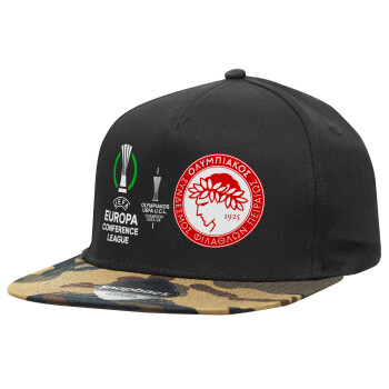 Olympiacos UEFA Europa Conference League Champion 2023/24, Καπέλο Ενηλίκων Flat Snapback Μαύρο/Παραλαγή, (100% ΒΑΜΒΑΚΕΡΟ, ΕΝΗΛΙΚΩΝ, UNISEX, ONE SIZE)