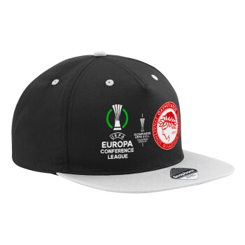 Olympiacos UEFA Europa Conference League Champion 2023/24, Adult Flat Snapback Hat Black/Grey, (100% COTTON TWILL, ADULT, UNISEX, ONE SIZE)