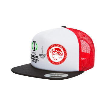 Olympiacos UEFA Europa Conference League Champion 2023/24, Adult Foam Flat Snapback with Mesh Black-White-Red (POLYESTER, ADULT, UNISEX, ONE SIZE)